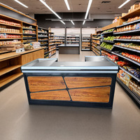 Comptoir de caisse incliné de grande taille pour supermarché, nouveau modèle en acier inoxydable, comptoir commercial en acier et bois en forme de U avec plateau métallique