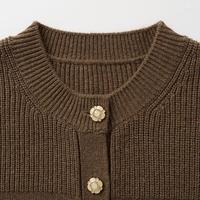 OEM ODM Cardigan Rajut Wanita Kasual Lengan Panjang 100% Wol Kerah Bulat Jaket Rajut Sweater dengan Saku Kancing Bunga