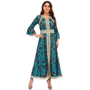 New Style European and American Ethnic Flower Printed Embroidered Lace Mesh Bishop Sleeve Floral Maxi Muslim Dress
