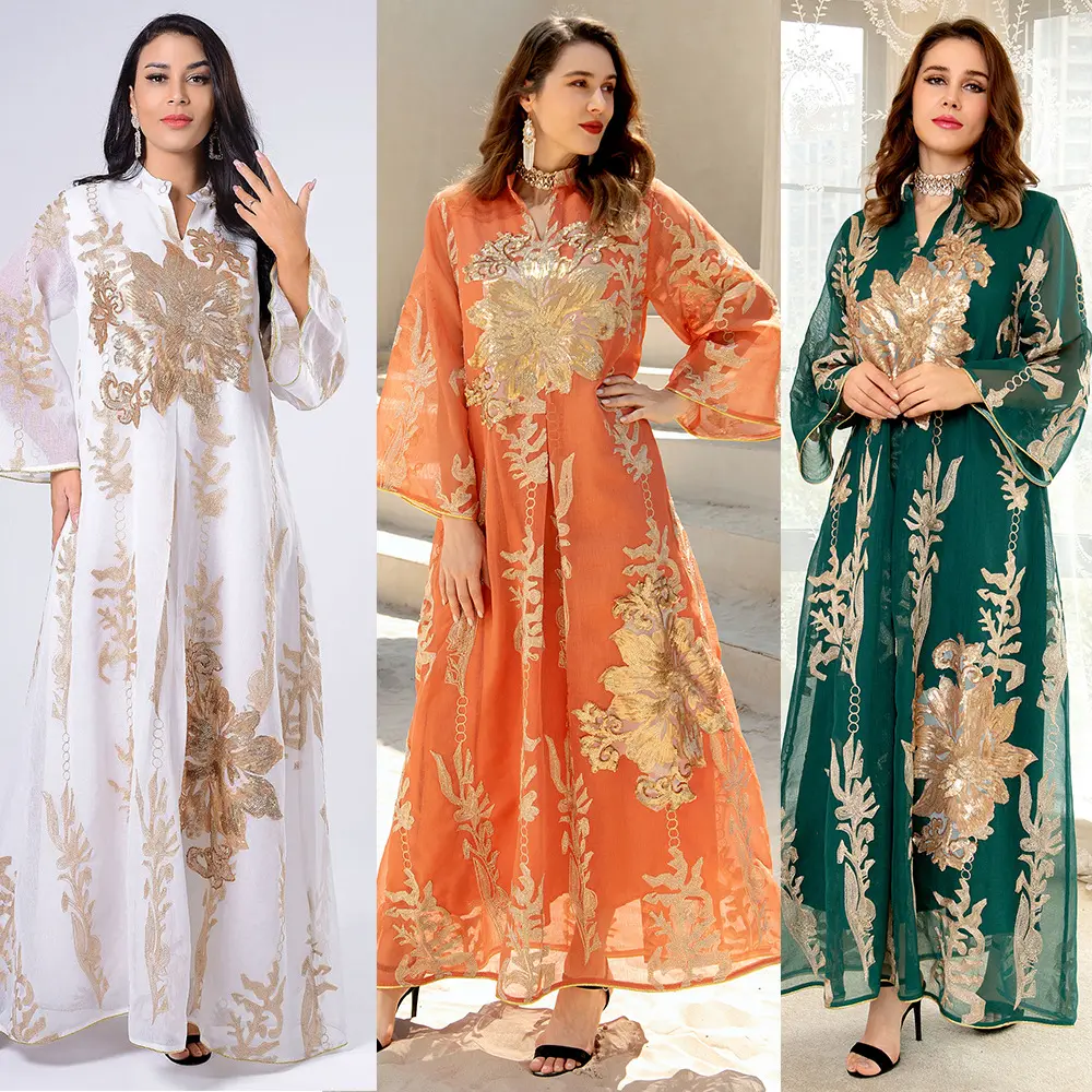 Trung Đông Thêu Sequin Vàng Phụ Nữ Hồi Giáo Jalabiya Dubai Arab Abaya Dress Quần Áo Hồi Giáo