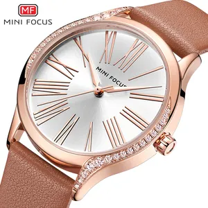 MINI FOCUS MF0259L Luxus Rose Gold Damenuhren Freizeitsleder-Armband Damenuhr Klassiker Diamantquarzuhr