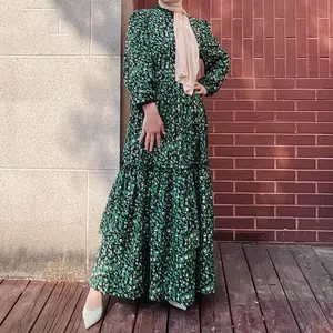 2024 긴 드레스 여성 레이디 우아한 터키 꽃 Abayas 녹색 레이어드 여성을위한 겸손한 드레스