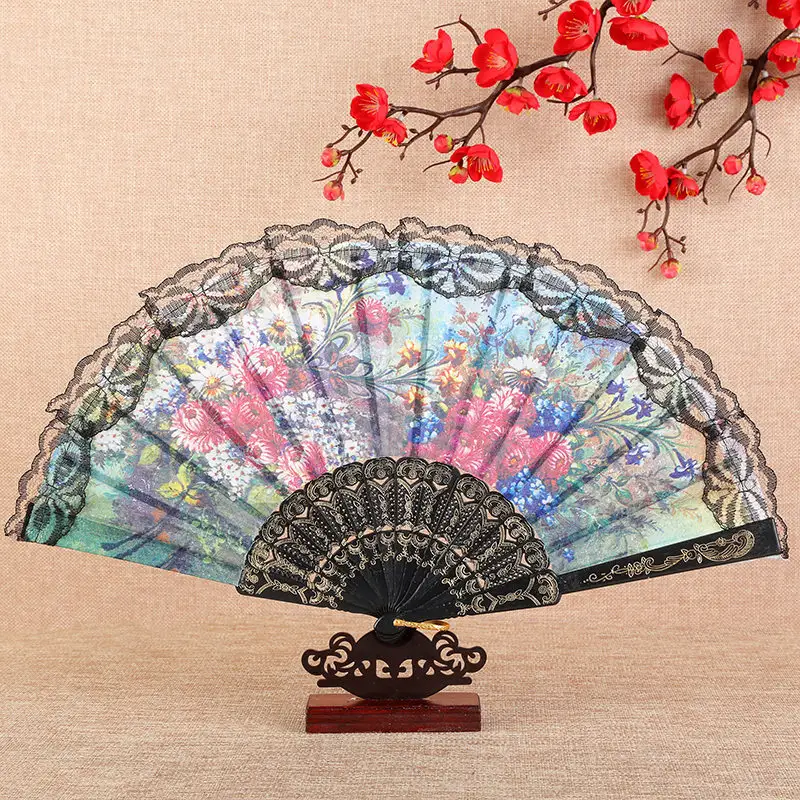 Hete Verkoop Mode Opvouwbare Kant Rand + Pp Hot Stamping Plastic Bot + Kwastje Handfan Mooie Sex Kant Hand Fan Voor Bruiloft Cadeau