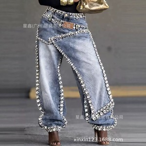 Nuovi Pantaloni Larghi in Denim di Cotone con Strass Pesanti e Strati Scomponibili 2026, Pantaloni a Vita Alta Asimmetrici Avant-Garde - Product Image 3