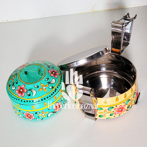Luxury Stainless Steel Tiffin Box Hand Painted Design Heatable & <b>Portable</b> Dual Tier 2-Compartment - Product Image 3