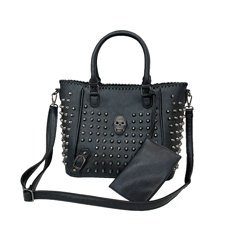 Latest Pu Leather Street Lady Purse Handbag With Wallet Stylish One Shoulder Crossbody Rivet Skull Head Tote Bag