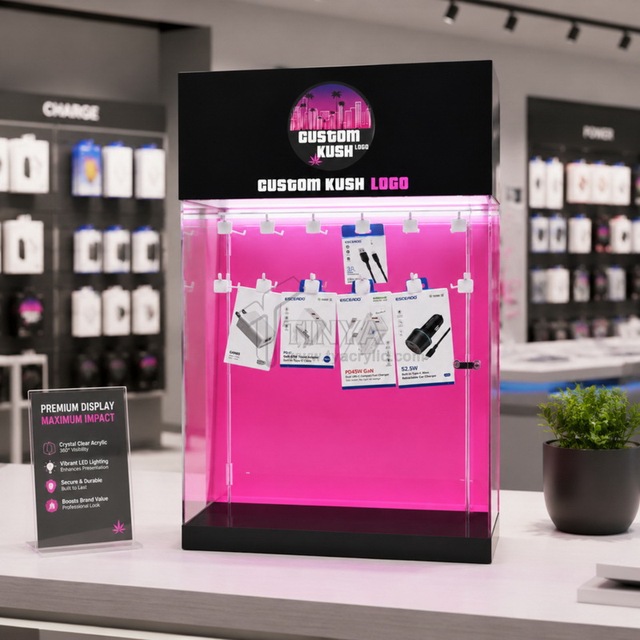 LED Custom Desktop Acrylic Cellphone Accessories Display Stand  Show Case with Locked-door Lighting Stand Retail Shop