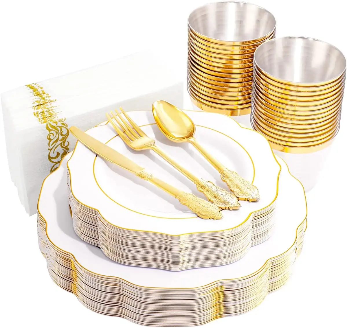 175PCS Gold Plastic Plates with Disposable Silverware - Gold Plastic Tableware Ideal for Weddings party