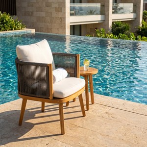 Modern Teak Wood Outdoor Chair Rattan Backrest Weather Resistant Garden Furniture for One Person Seating - Product Image 2
