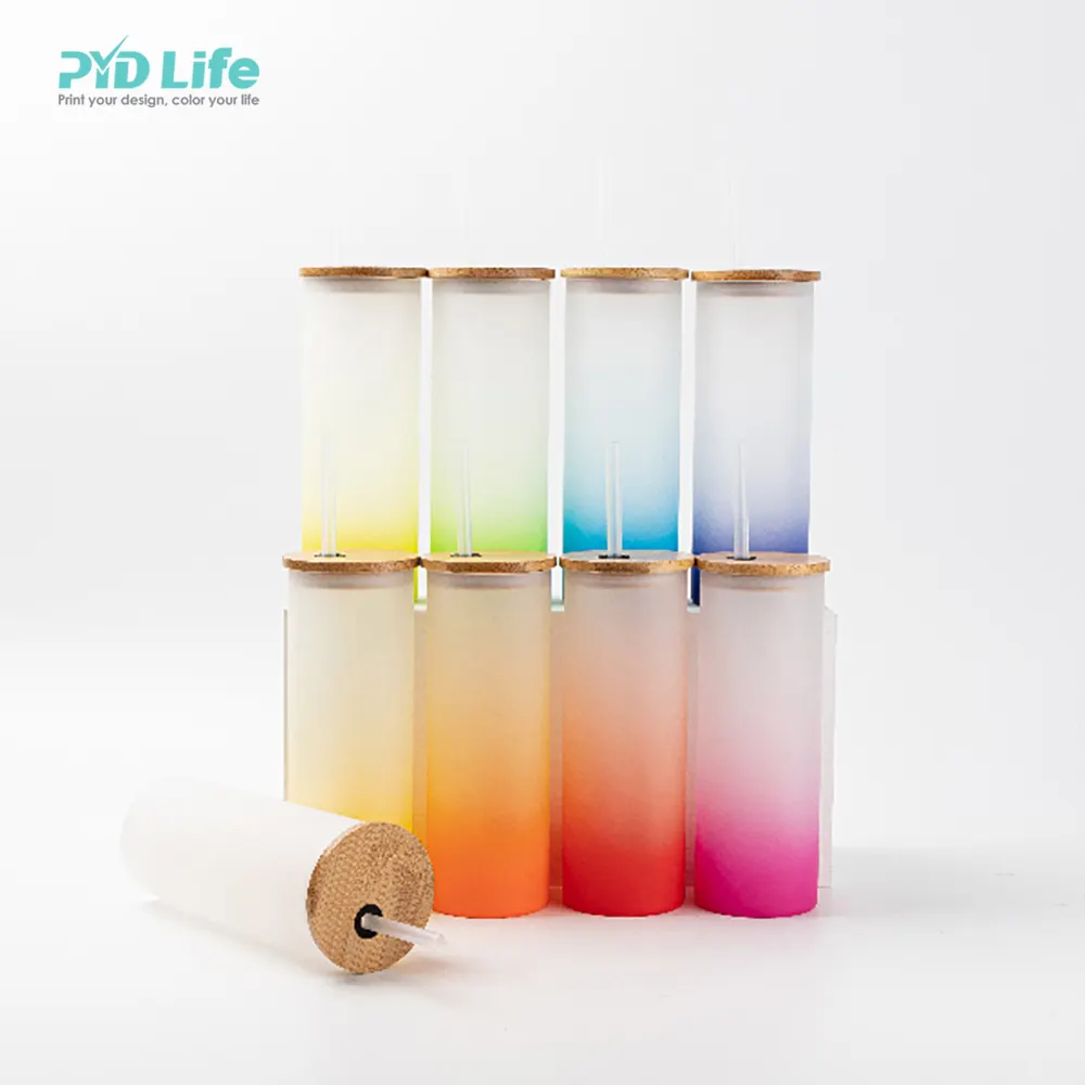 PYD Life Лидер продаж 17 унций матовое стекло смешанные градиентные цвета тонкий прямой сублимационный стеклянный стакан с соломинкой и бамбуковой крышкой