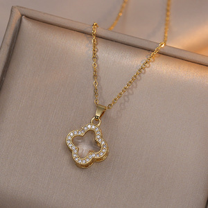 Modische Kristall-Kleeblatt-Blumen-Anhänger-Halskette, stilvolle Edelstahl-Diamant-Schlüsselbeinkette - Product Image 5