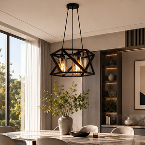 Luminaire suspendu géométrique Veydris à 3 lumières, cadre métallique entrelacé noir mat, lampe suspendue en verre - Product Image 1