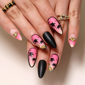 Diseño de patrones de tema tropical de moda refinado Prensa mixta en <span class=keywords><strong>uñas</strong></span> <span class=keywords><strong>Rosa</strong></span> almendra mediana <span class=keywords><strong>y</strong></span> negra - Product Image 1