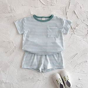 2025年夏 コラベビー キャンバス 半袖 ストライプ柄 カジュアルウェア 幼児男の子と女児用服セット - Product Image 1