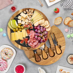 Planche à fromage et à charcuterie ronde en bois rotatif à 100 % avec couteau inclus - Product Image 3