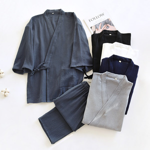 Nouvel ensemble de pyjama japonais pour <span class=keywords><strong>homme</strong></span>, couleur unie, deux pièces, <span class=keywords><strong>Yukata</strong></span> pour couple, ample, manches longues, pour la sudation, tenue d'intérieur - Product Image 3