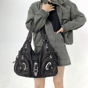 <span class=keywords><strong>Sac</strong></span> fourre-tout vintage Y2K pour femme, style motard, <span class=keywords><strong>sac</strong></span> à bandoulière Meilad vintage délavé, <span class=keywords><strong>sac</strong></span> bandoulière - Product Image 2