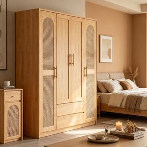 Armoire en bois massif de chêne clair de qualité supérieure à 2 portes avec 2 tiroirs, organisateur de chambre moderne minimaliste multifonctionnel - Product Image 1