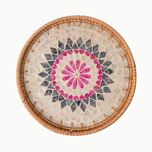 Bandeja de Servir Redonda de Madera Elegante con Incrustaciones de Nácar y Mimbre, Personalizable OEM/ODM, Regalo de Inauguración de Casa, Duradera - Product Image 4