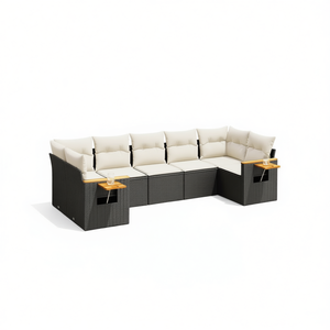 Conjunto de sofás modernos para patio exterior en mimbre negro y blanco crema con mesas laterales para muebles de jardín. - Product Image 1