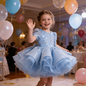 Abito da festa per bambina azzurro cielo con maniche a sbuffo, <span class=keywords><strong>paillettes</strong></span> scintillanti e volant in tulle, abito da damigella d'onore per matrimonio - Product Image 4