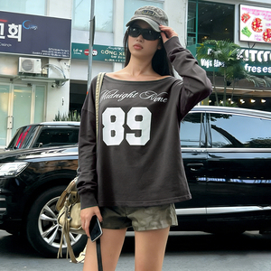 Sudadera estilo americano de otoño y primavera para mujer, camiseta retro de ajuste holgado, cuello redondo, manga larga, top moderno - Product Image 3