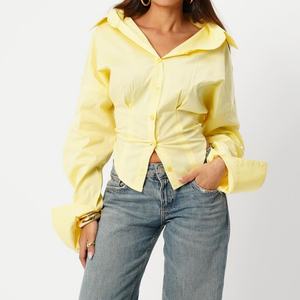 Blusa Corta de Alta Calidad Personalizada con Cinturón, de Popelina de Algodón para Mujer, con Botones en los Puños - Product Image 3