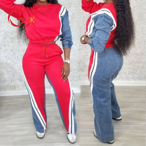 GX78512 Busana Musim Semi 2025 Butik Pakaian Wanita Seksi Street Wear Atasan Denim Patchwork Lengan Panjang dan Celana Set 2 Potong - Product Image 1
