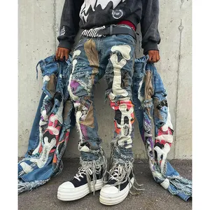 YSJY High Street Hip-Hop Cargo hose Schädel knochen Patches Bestickte Tapered Baggy Denim Jeans