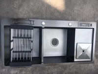 Évier de cuisine double en acier inoxydable 304 fait main avec égouttoir, porte-couteaux et poubelle