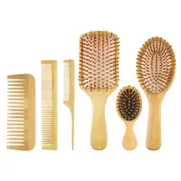 Conjunto de escova de cabelo madeira, pente e escova de cabelo de bambu com cabeça larga, escova de madeira massageadora e remo de madeira