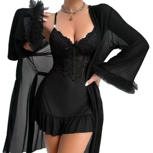 Set Lingerie Premium in Pizzo Liscio, <span class=keywords><strong>Camicia</strong></span> <span class=keywords><strong>da</strong></span> <span class=keywords><strong>Notte</strong></span> <span class=keywords><strong>Trasparente</strong></span> con Vestaglia, Sexy Scollo a V e Spalline Regolabili per l'Estate - Product Image 1