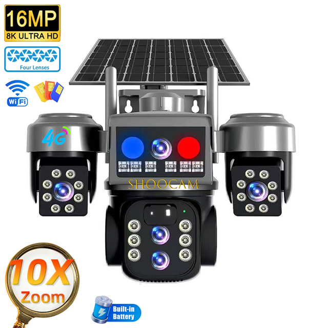 V380PRO 4Lens 3Screen 16MP 4G Sim Card Solar Outdoor Network Cameras 360 PTZ IP CCTV Wireless WIFI Surveillance Camera Security