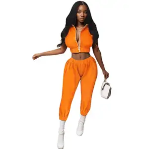 C0101TA54 Spot Goods Solid Color Zipper Vest Sleeveless Jogger Pants 2 Pieces Set Summer Sehe Fashion