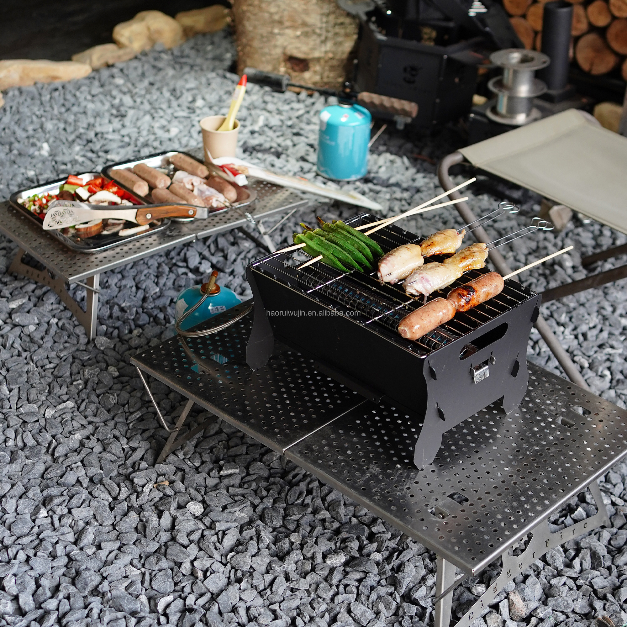 Barbecue Grill Portable Stainless Steel BBQ Grill Folding Mini BBQ Grill Stove Barbecue Outdoor Camping Picnic Cooking Tools for Camping Travel (Color : Silver, Size : 35x27x20cm) (Silver 35x27x20cm