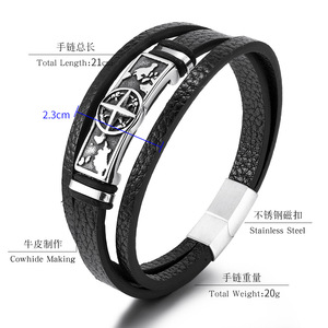Bracelet en cuir multi-couches gravé sur mesure pour homme, bracelet en acier titane avec carte du monde <span class=keywords><strong>vintage</strong></span>, fermoir magnétique - Product Image 2