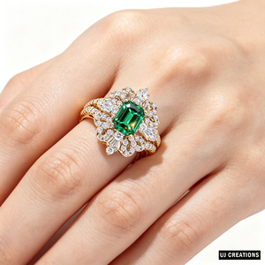 Luxury Women's 18K Solid <b>Gold</b> Emerald Cut <b>Cocktail</b> <b>Ring</b> With Pave Diamond Flower Design Engagement Style - Product Image 6