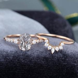 Ensemble de bagues de fiançailles vintage en or rose décoratif demi-éternité incurvée 2 pièces Quartz noir rutilé pour femmes pour mariage - Product Image 4