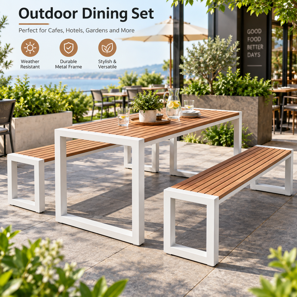 Outdoor Dining Table Set with 2 Benches, Metal Frame Wood-Look Tabletop ...
