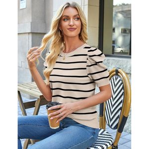 FOXA Suéter de punto a rayas con mangas abullonadas para mujer, cuello redondo, manga corta, informal, de verano, suave y ligero - Product Image 4