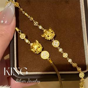 Sterling Silver Pixiu <b>Bracelet</b> Gold Plated Animal Zodiac Brown Cord Everyday Wear Unisex Jewelry - Product Image 1