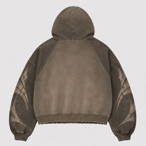 Sweat à capuche marron bicolore vintage délavé à l'acide, coupe courte, fermeture éclair intégrale, manches raglan, motif étoile, poche kangourou, streetwear, sweat à capuche personnalisé pour homme - Product Image 2