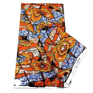 Tissu imprimé africain en cire avec pierres irrégulières dorées, motifs bleus et fleurs oranges, <span class=keywords><strong>Pagne</strong></span> Loincloth Tissu AfricanWax - Product Image 1