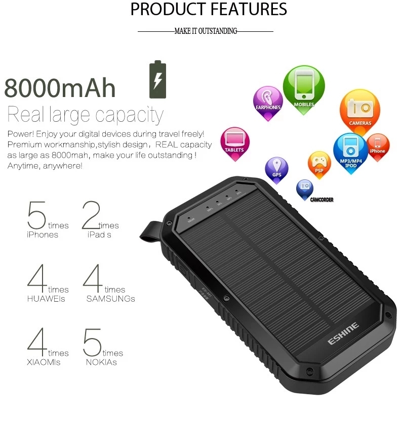 10000mah 20000mah Banque De Puissance Avec la Lumière de Sos Led Étanche À La Poussière Antichoc Banques D'énergie Solaire