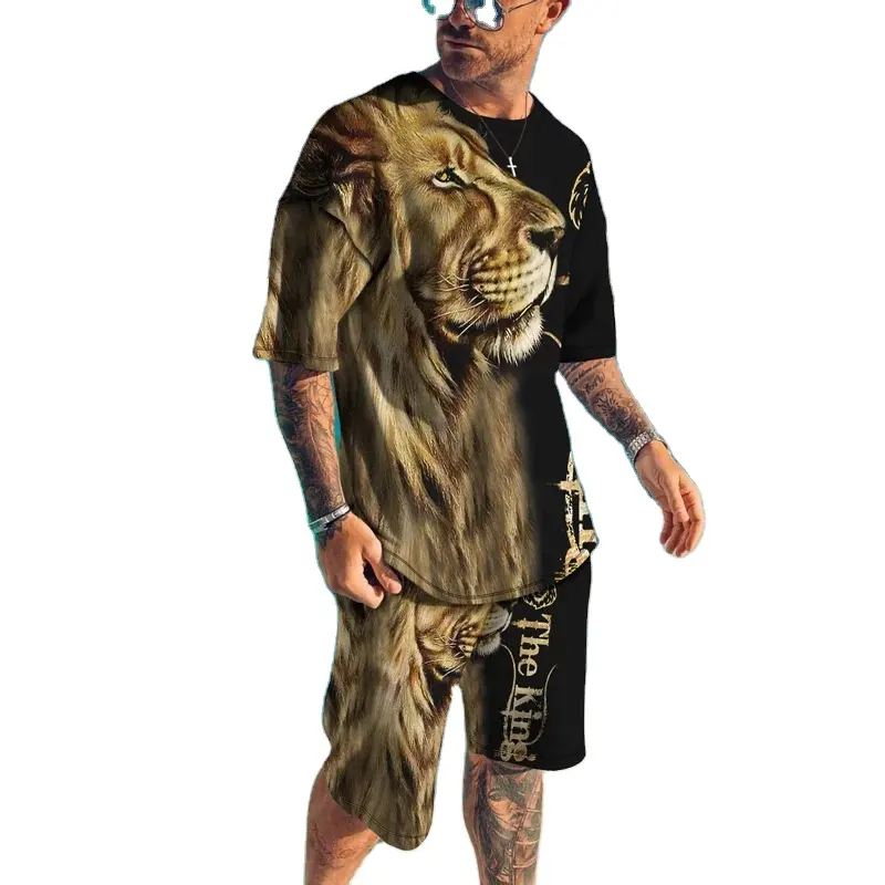 Most Popular Suits 2 Pieces Design Print Lion Short Sleeve Oversized T Shirt And Sweat Shorts Set Men's T-Shirts Casual Clothing