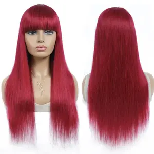 Peluca de cabello humano con flequillo para mujer, cabello ondulado, color ombré, Borgoña, rojo, flequillo, brasileño, máquina completa, gran oferta