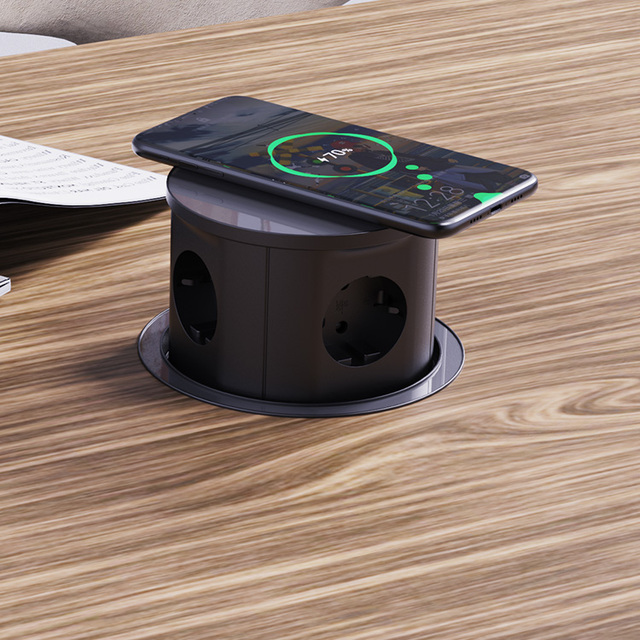 Wholesale High Quality 16A Plug with Socket Desktop Power Pop up Socket with 15W Wireless Charger for Desk