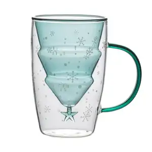 Custom Christmas Cup creative christmas mug glass 300ml Double Wall Glass Cup Cute Cup With Handle