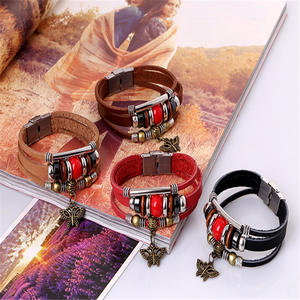 Gelang kulit sapi asli trendi, gelang kulit asli, gelang pesona kupu-kupu dan berlian, gelang manik-manik kulit sapi Retro Eropa dan Amerika - Product Image 3