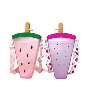 Best sale colorful cartoon fruit watermelon shaped plastic water bottle with straw straps cute printing